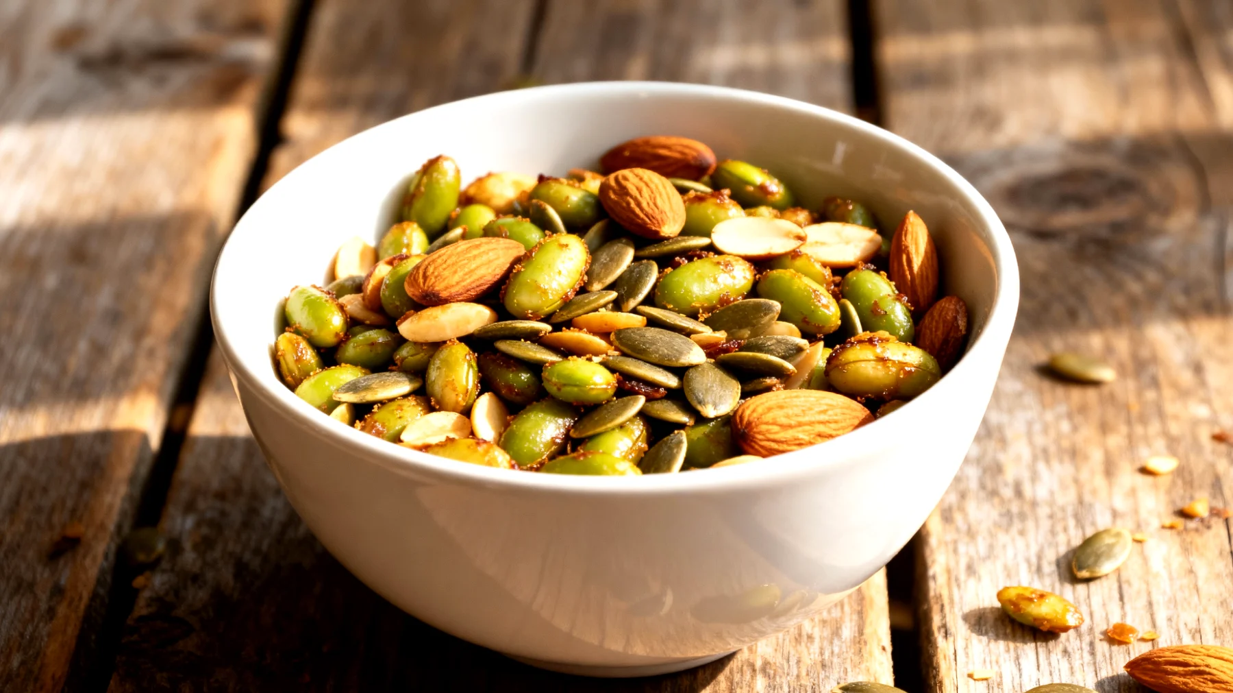 Edamame tostati con semi di zucca e mandorle"