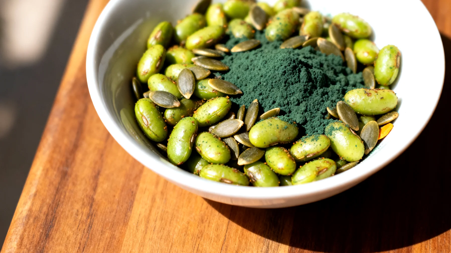 Edamame tostati con semi di zucca e spirulina"
