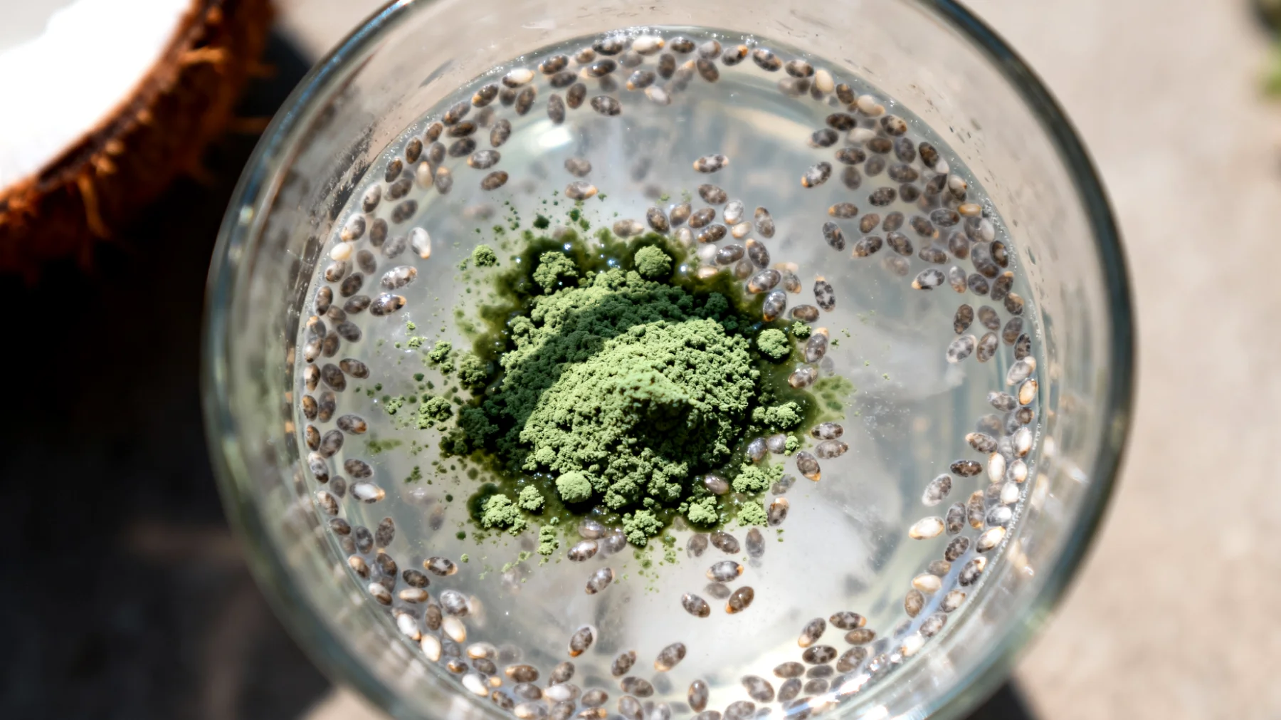 Acqua di cocco con semi di chia e spirulina"
