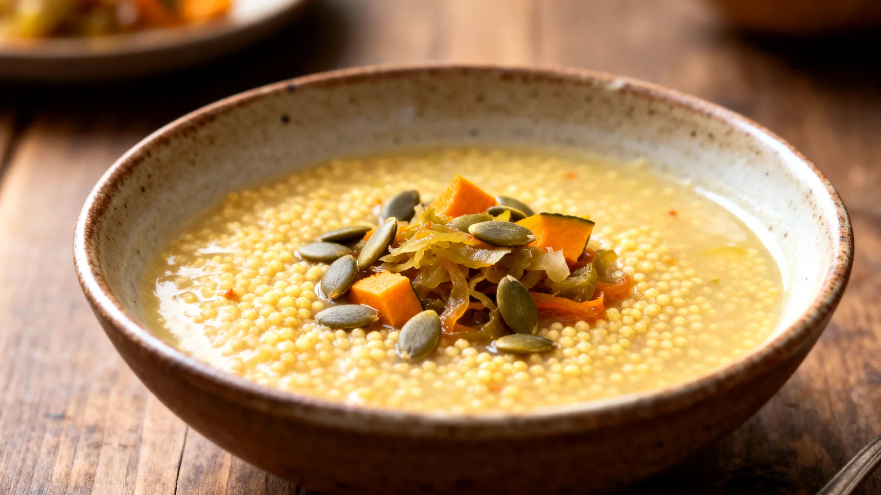 Zuppa di miglio con verdure fermentate e semi di zucca"