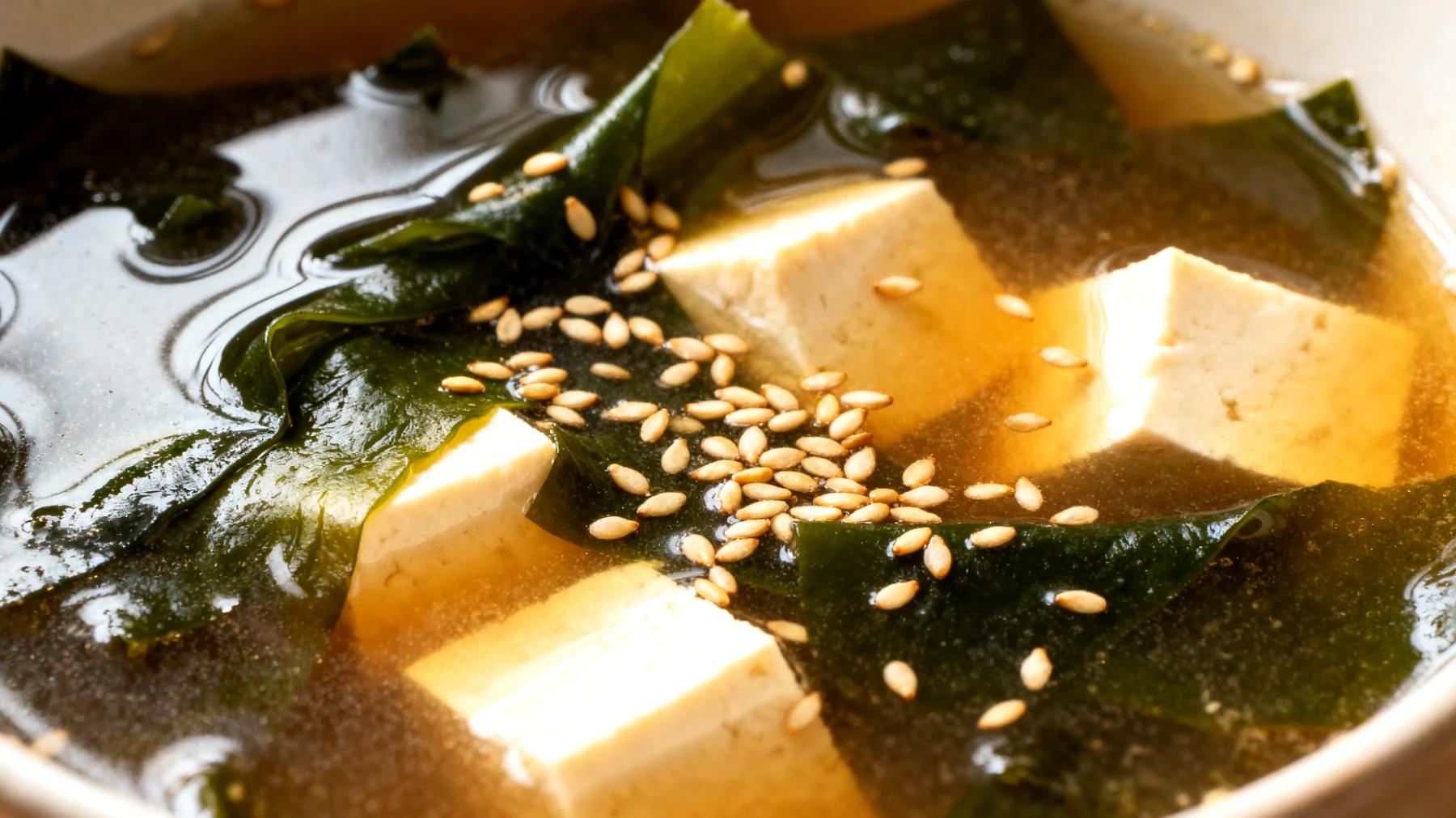 Zuppa di miso con alghe wakame, tofu e semi di sesamo"