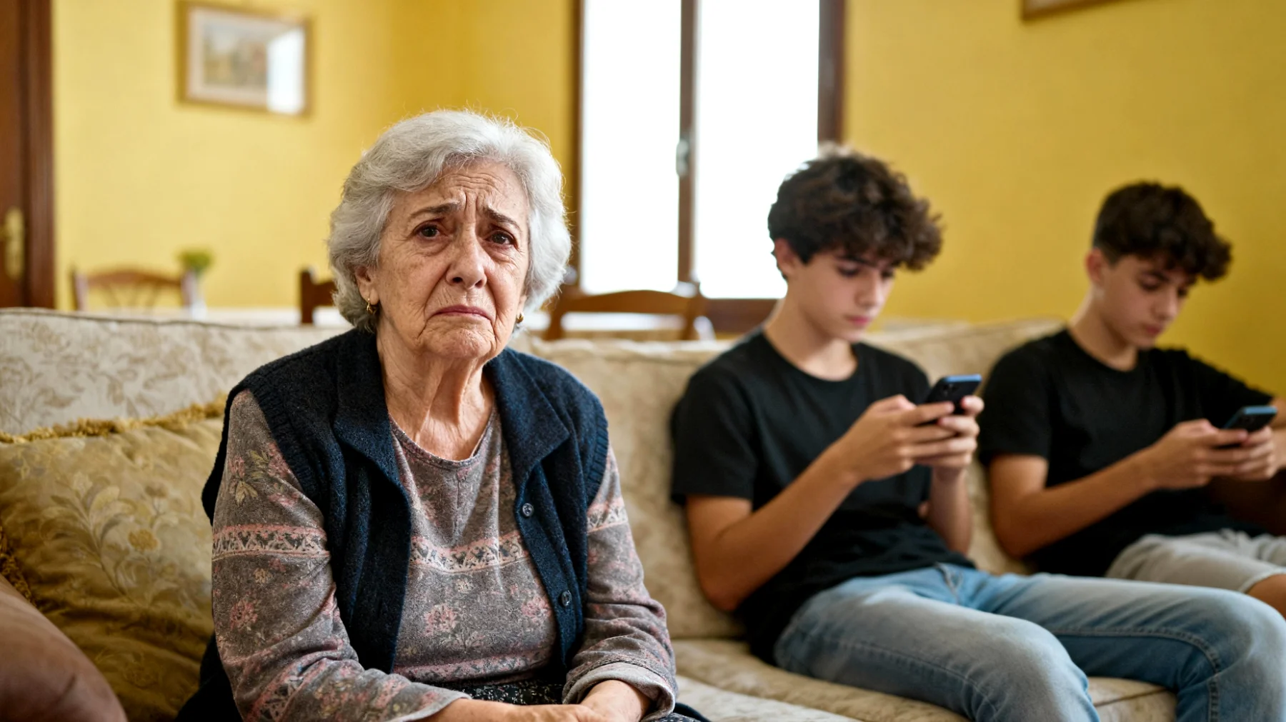 Nonna che fatica a instaurare un dialogo affettivo autentico con i nipoti adolescenti, percependo distanza emotiva e conversazioni superficiali"