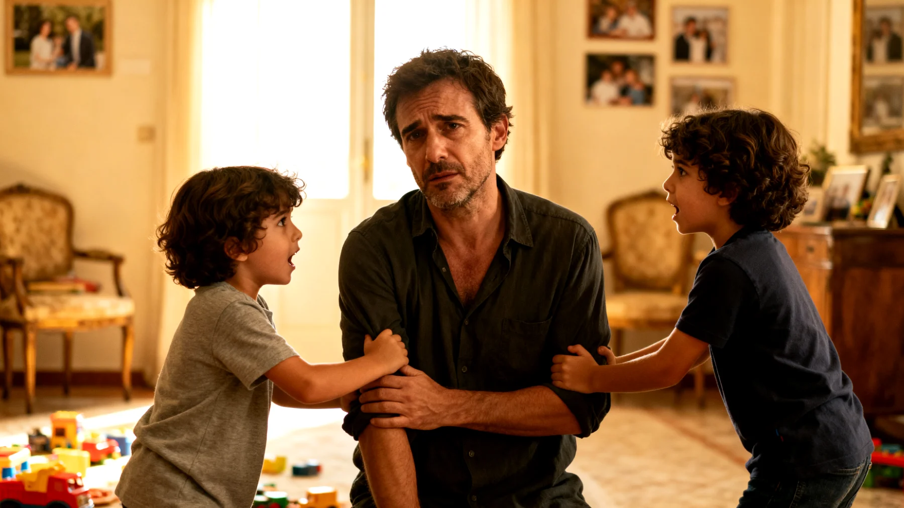 Papà che fatica a dire 'no' ai propri bambini per paura di deluderli o perdere il loro affetto, cedendo sistematicamente alle loro richieste e creando confusione sui limiti educativi"