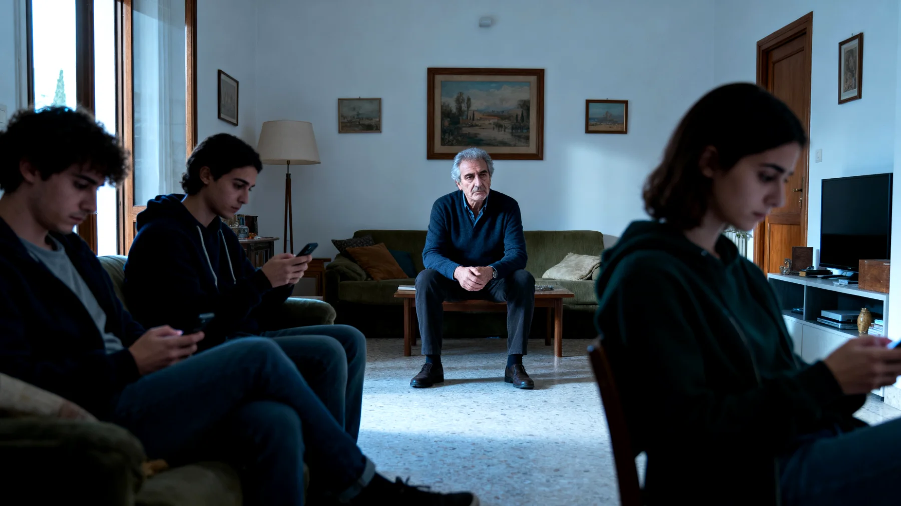 Un papà fatica a instaurare un dialogo affettivo profondo con i suoi figli ormai giovani adulti, sentendosi distante emotivamente nonostante la presenza fisica, e non riesce a esprimere sentimenti, emozioni e vulnerabilità, limitandosi a conversazioni superficiali su aspetti pratici della vita."